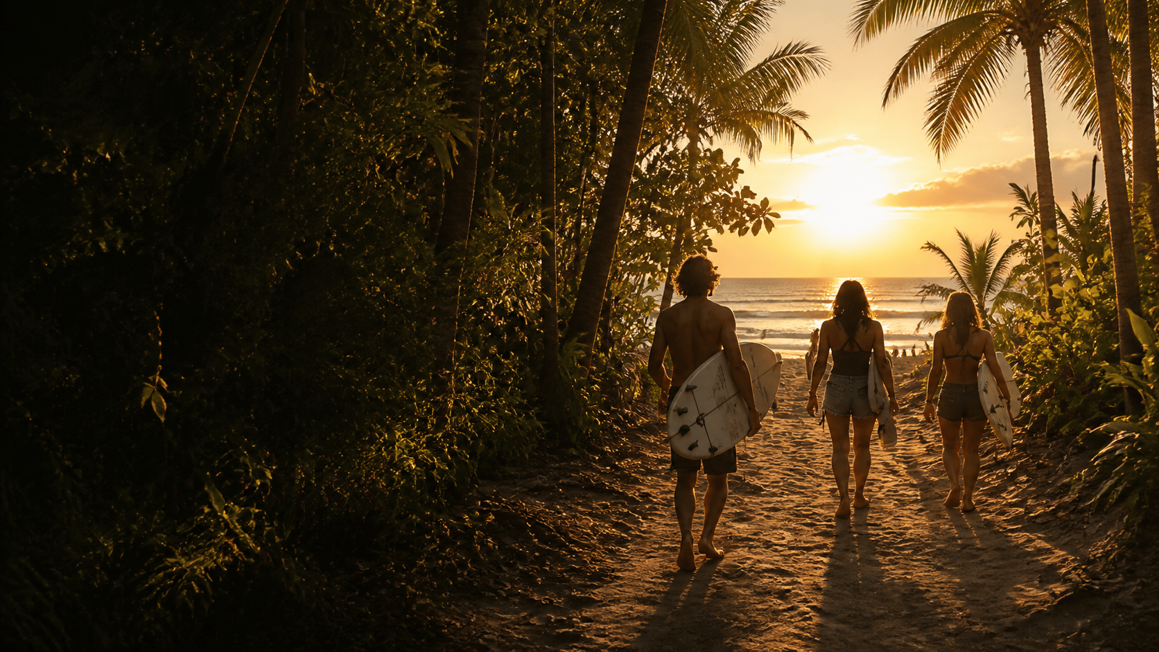 Travelers walking to the beach at sunset in Santa Teresa
